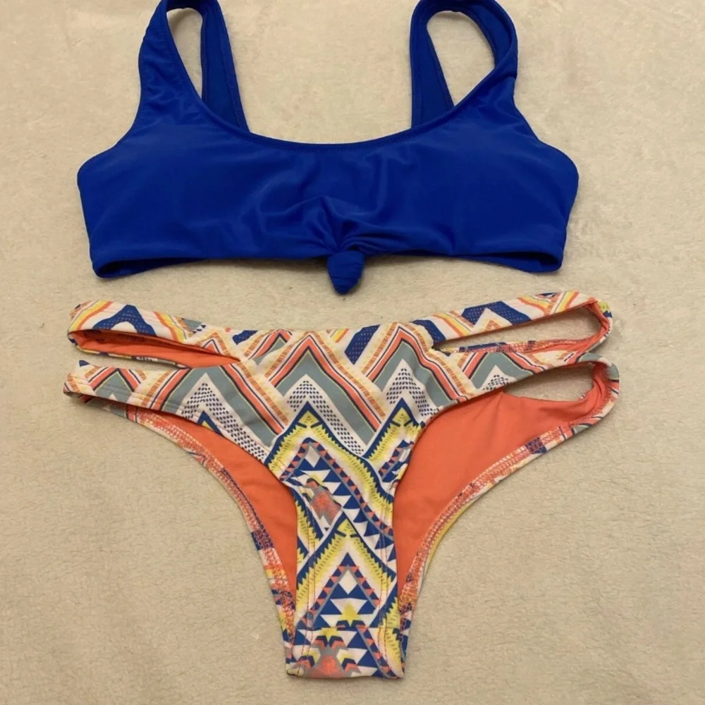 Express Royal Blue Bikini with Multicolor Patterned Bottom